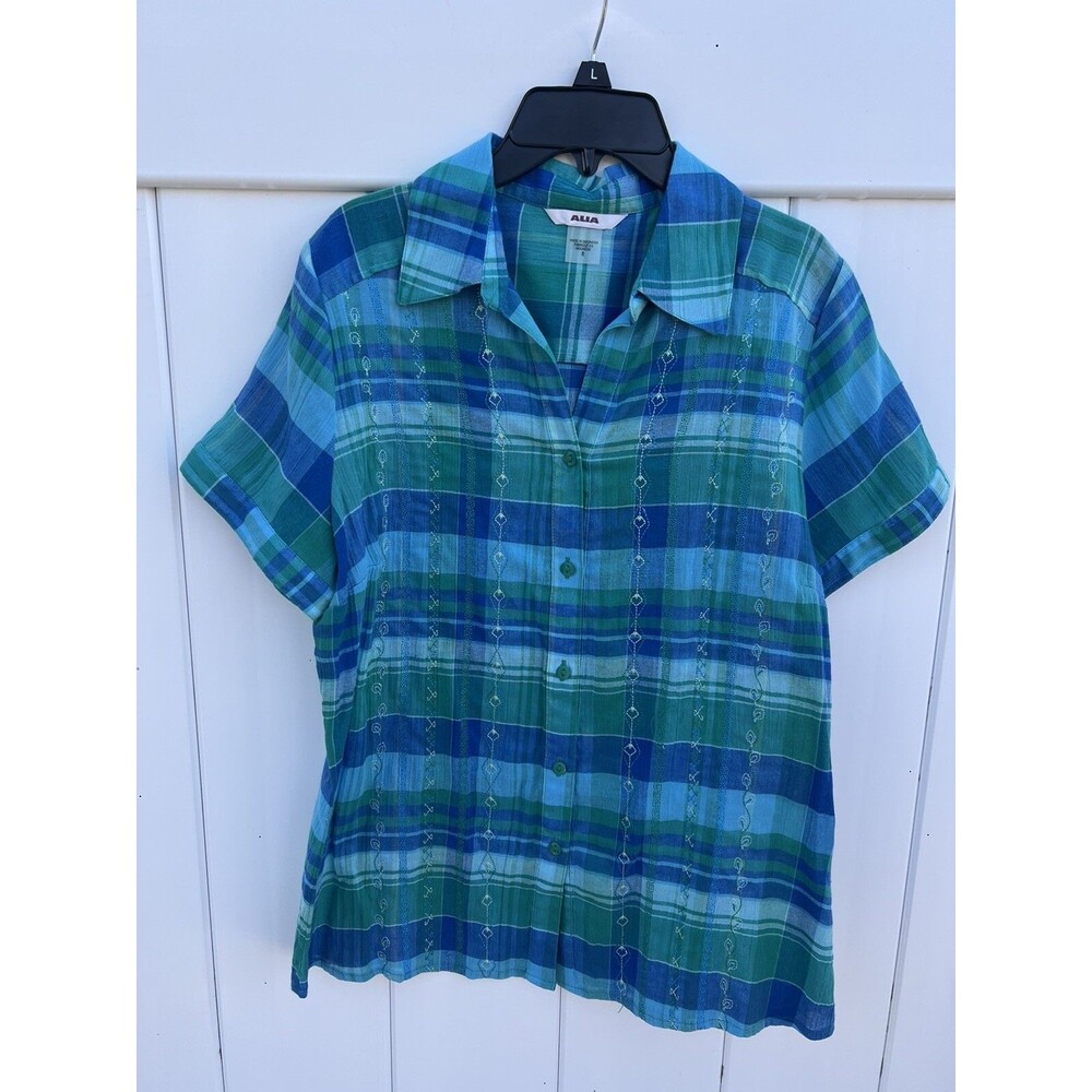 ALIA Womens Collared Button Up Short Sleeve Blue Plaid Embroidered Size 8